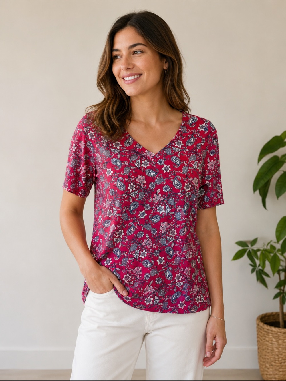 J Jill Pink Paisley Floral V-Neck Short Sleeve Blouse, Versatile Casual Chic